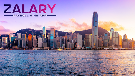 The Hong Kong skyline at sunset with the Zalary Payroll & HR App logo, symbolizing Zalary’s global expansion and commitment to transforming payroll across international markets.