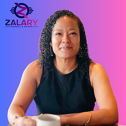 Zalary CFO Maya Keliiholokai seated confidently in front of a branded gradient background, representing female leadership in blockchain-powered payroll innovation.