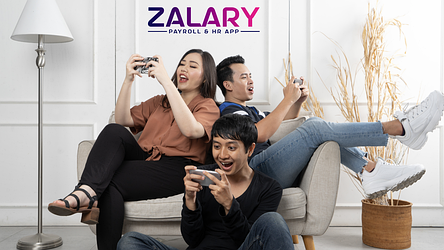 Young professionals relaxing and engaging with mobile games under the Zalary Payroll & HR App logo, highlighting Zalary’s appeal to digital-native teams and future-forward HR culture.