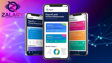Three smartphones displaying the Zalary Payroll & HR App user interface, showcasing intuitive payroll dashboards, benefits tracking, and HR automation features in a Web3-ready platform.