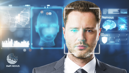 Digital facial recognition system scanning a man's face with biometric data overlays and neural activity visuals—highlighting AI-driven identity verification.