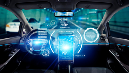 Futuristic in-car dashboard interface displaying self-driving data, AI navigation, and sensor analytics by DeFi Nexus—representing autonomous vehicle integration.