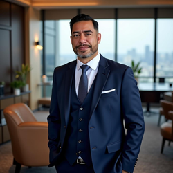 Owen Keliiholokai, CEO of DeFi Nexus in a navy suit standing confidently in a high-rise office with cityscape views, symbolizing leadership and innovation in the tech industry.
