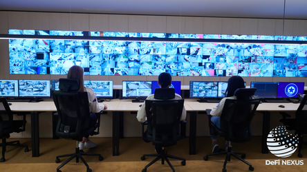 Three security personnel monitoring dozens of live surveillance feeds from a high-tech control room, representing DeFi Nexus’s AI-powered command center for real-time behavioral analytics, threat detection, and operational intelligence.