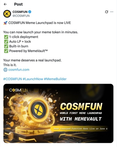 CosmFun Officially Launches Memecoin Issuance Feature Pioneering a New Era of Memeconomy