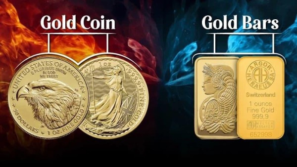 Comparison of gold coins and gold bars highlighting factors to consider when choosing between them