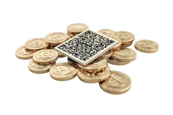 Stack of gold Bitcoin coins with a QR code card on top on a white background representing digital payment.