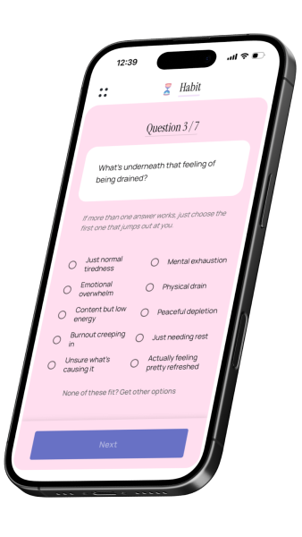 A phone that has the Habit App open on it showing one of the AI-powered guided reflection interaction that asks the learner an emotionally challenging question, an interaction intended to support emotional regulation.