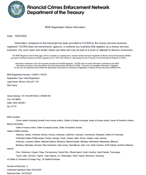 MOALA WALLET Exchange Obtains U.S. FinCEN MSB Registration, Advancing Its Global Compliance Strategy