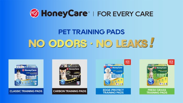 HoneyCare showcasing pet training pads with the message “No Odors, No Leaks,” featuring four product types: Classic, Carbon, Edge-Protect, and Fresh Grass training pads.