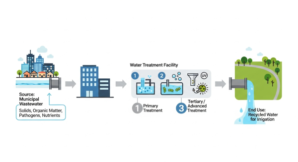 A process diagram showing the journey of municipal wastewater to recycled water. It starts with wastewater from a city, moves through primary, secondary, and tertiary treatment stages at a facility, and ends as clean recycled water used for irrigation.