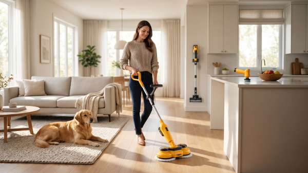 Alt: A modern North American household using the Qimedo cordless vacuum cleaner to effortlessly clean pet hair on hardwood floors.