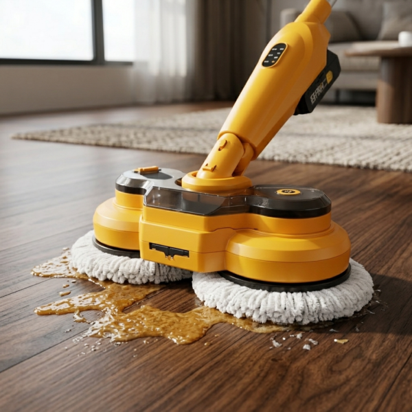 Close-up of the Qimedo M Series dual-head electric mop effortlessly cleaning sticky stains on hardwood flooring