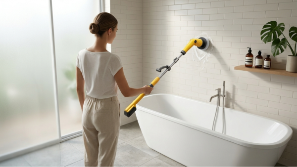 A user effortlessly cleaning bathroom tile grout and a bathtub with a Qimedo electric spin scrubber, eliminating the need to bend or kneel.
