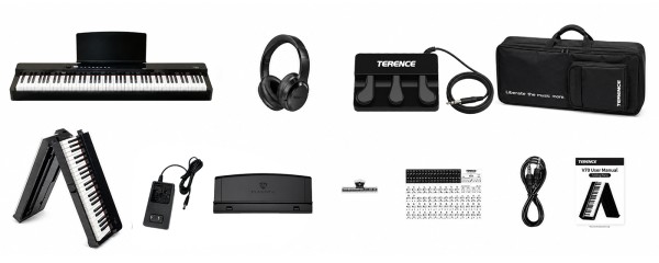The V70 package includes: V70 Piano, Carrying Bag, Music Stand , Sustain Pedal, Power Adapter, Audio Cable, Key Stickers, User Manual