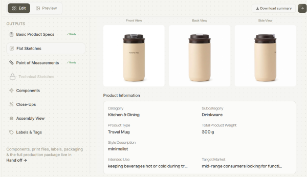 Materials detected panel with component, material type, and construction details