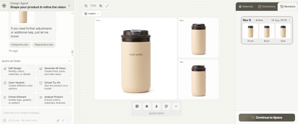 Outputs panel showing flat sketches, technical sketches, close-ups, and labels ready for handoff