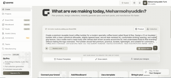 Genpire dashboard and create screen with the prompt box