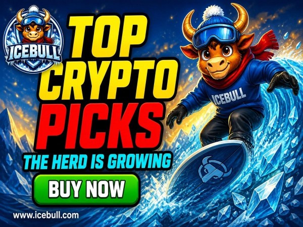 Top crypto picks graphic with IceBull character on a surfboard in a snowy environment