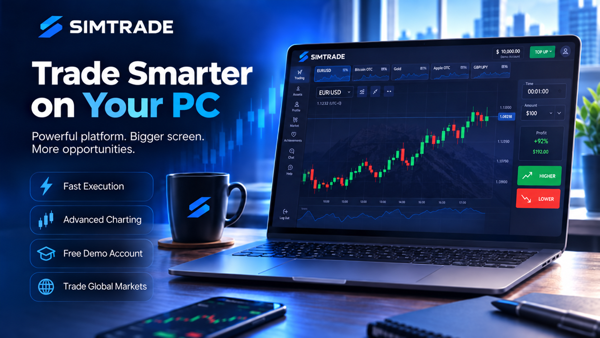 Pocket Option for PC displayed on a laptop with trading charts and demo-account features