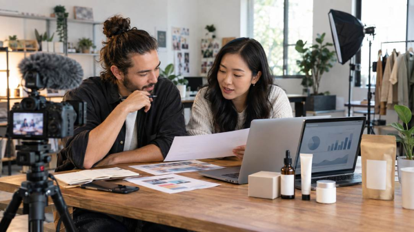 A small-business marketing manager and an independent video creator reviewing a campaign plan and performance results in a studio.