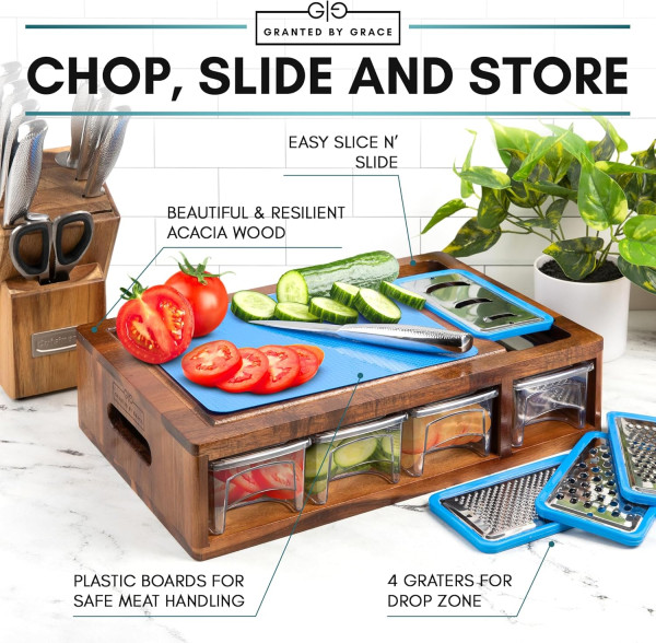 Granted by Grace Presents Innovative Grace Acacia Cutting Board with Smart Meal Kitchen Prep Station