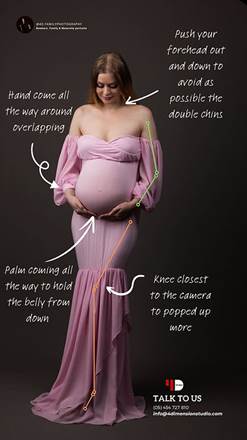 Pregnant woman in pink dress poses against dark background. Instructions and arrows guide posture. Text: 