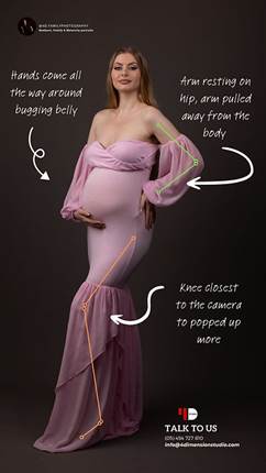 Pregnant woman in pink dress poses with hand on belly, against dark backdrop. Text notes posture tips. Studio contact info included.