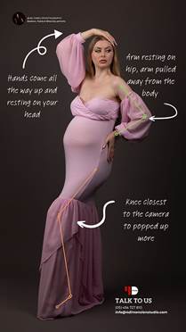 Pregnant woman in a pink dress posing with one hand on head and one on hip. Dark background. Text overlays provide posing tips. Studio info at bottom.