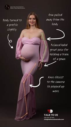 Pregnant woman in a pink gown poses against a dark backdrop. Text describes her pose: relaxed hand, body profile, knee positioning.