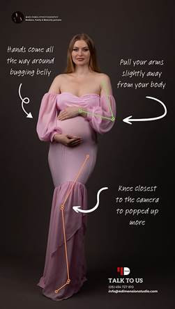 Pregnant woman in a pink dress poses with hands on belly. Posing tips and contact info text on dark background. Serene mood.