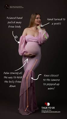 A pregnant woman in a pink dress poses with a relaxed hand on her face. Dark background, text annotations provide pose details.