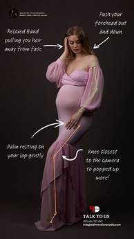 Pregnant woman in a pink dress poses with hand on face. Arrows guide posing tips. Text: 