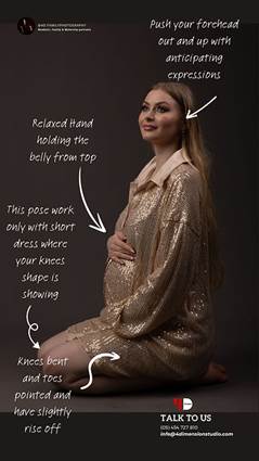 Pregnant woman in a gold sequin dress kneels, hand on belly, smiling. Text offers posing tips: posture, expression. Black background.