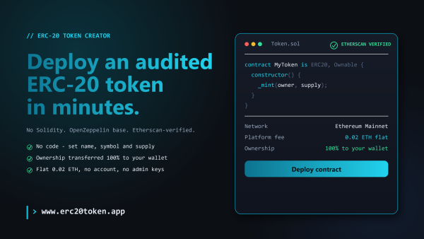 Create ERC20 Token With No Code: ERC20Token.app Deploys Audited, Etherscan-Verified Contracts