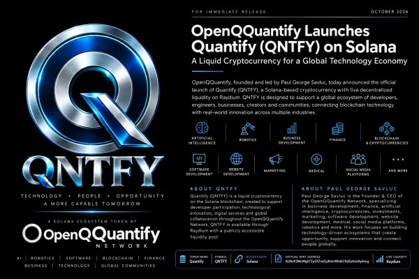 OpenQQuantify Launches Quantify QNTFY on Solana, Expanding Paul George Savluc’s Vision for an AI, Developer, Engineering and Blockchain Economy